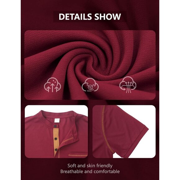 Mens Maroon Short Sleeve Henley T Shirt With Pocket And Stylish Trim Design - Picture 6 of 6